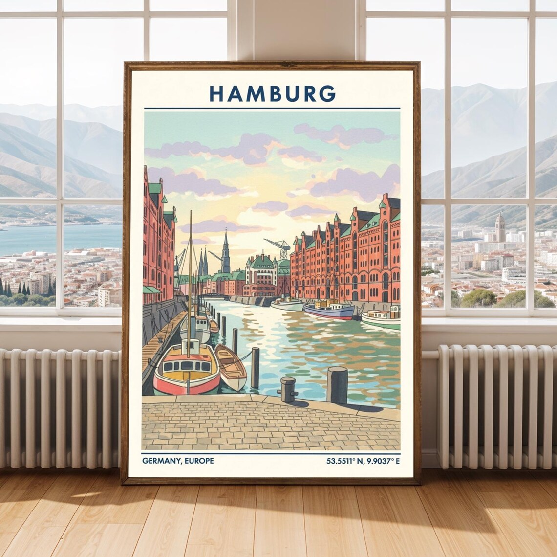 Hamburg Harbor Germany Retro European Travel Illustration Poster