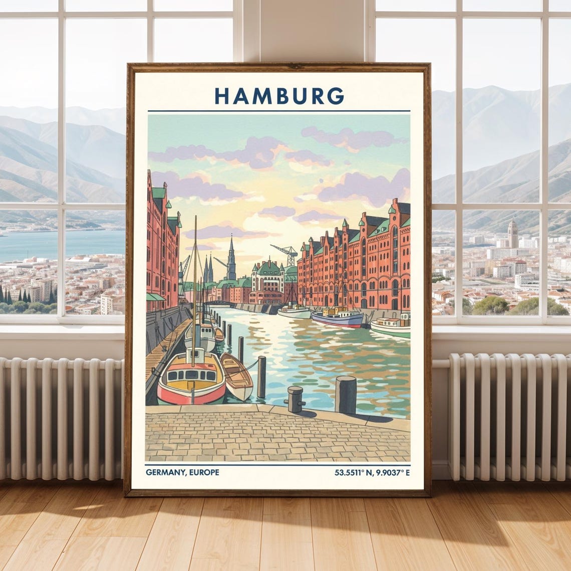 Hamburg Harbor Print Retro European Travel Poster Cityscape Illustration