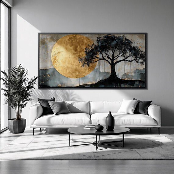 Black Tree Silhouette Framed Print Big Golden Moon Luxury Art Enchanted Nature Painting Print Panoramic Decor Ready To Hang