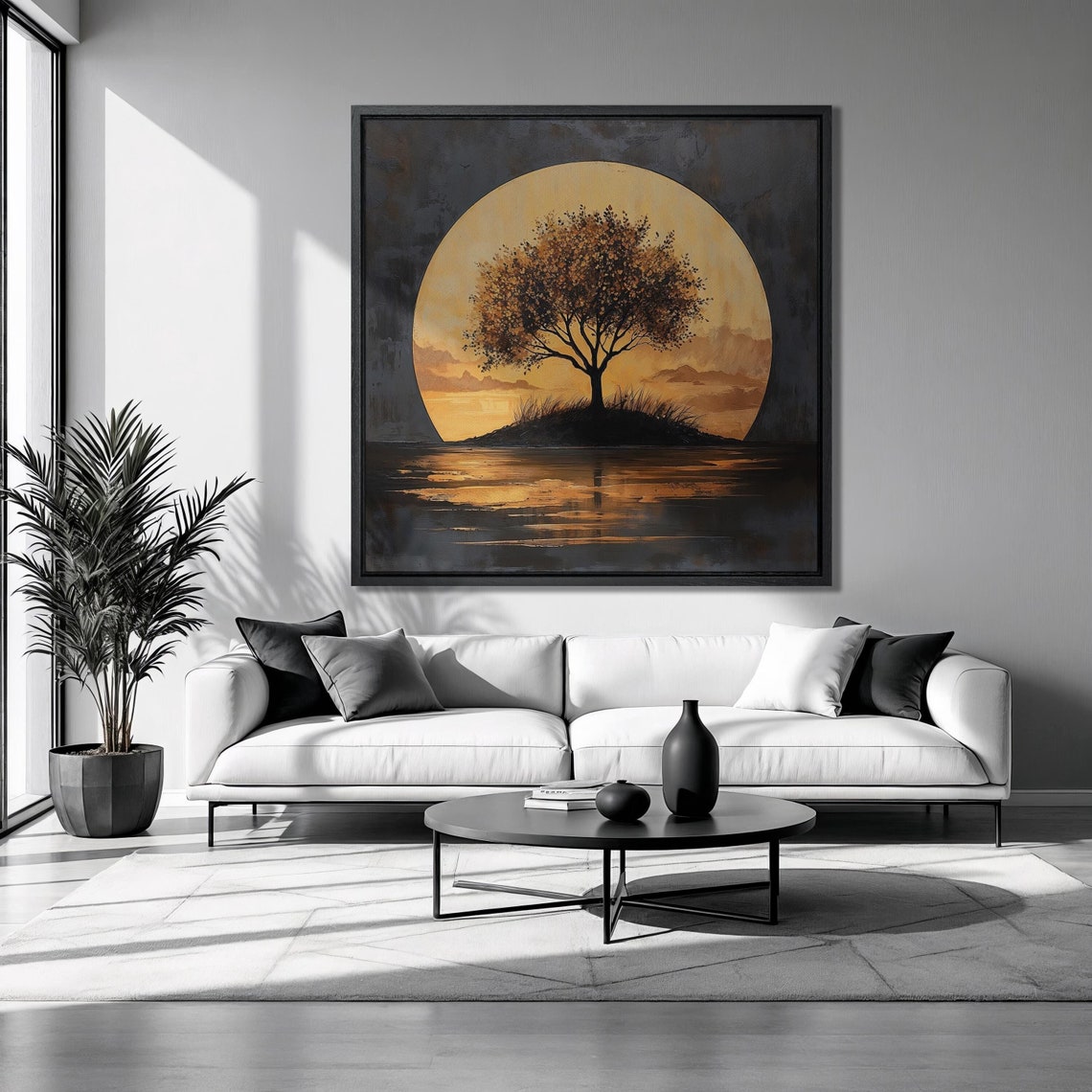 Lone Tree Silhouette Golden Moon Night Lake Abstract Landscape Poster