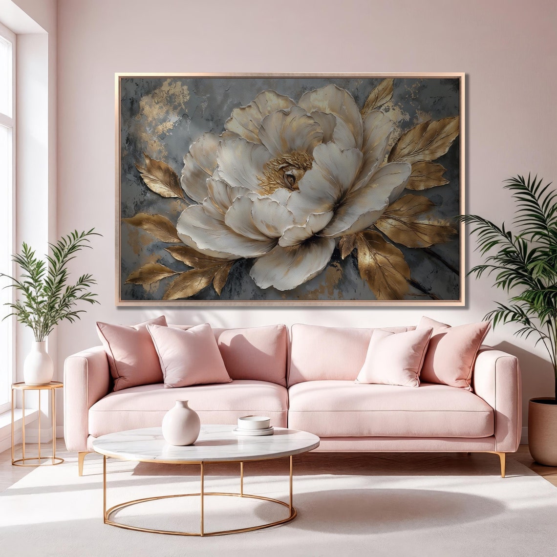 White Bloom Gold Leaves Slate Gray Floral Panoramic Luxury Art Poster
