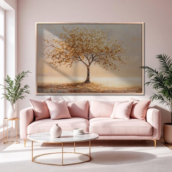 Blooming Tree Of Life Framed Print Golden Foliage Luxury Art Serene Landscape Painting Print Contemporary Decor Ready To Hang