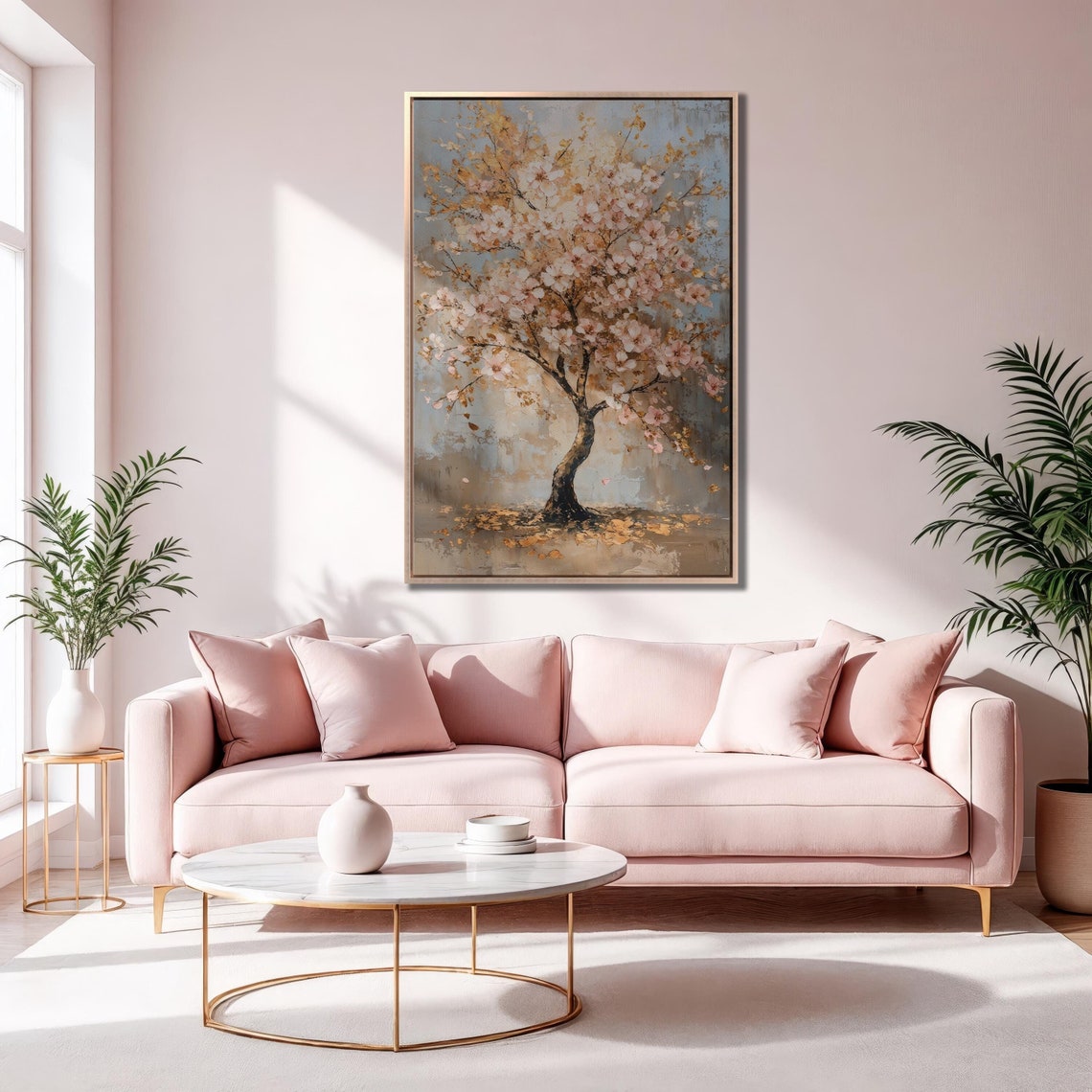 Pink Blossom Tree White Spring Flowers Gold Minimalist Art Poster