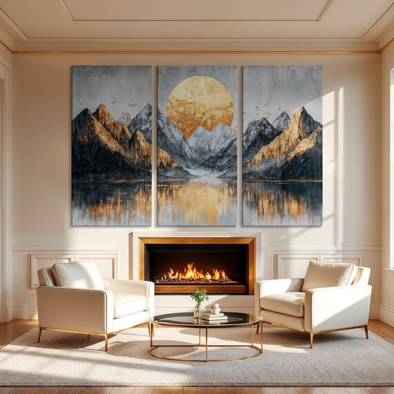 Mountain Landscape Framed Print Golden Full Moon Luxury Art Gold And Gray Painting Print Abstract Lake Decor Ready To Hang