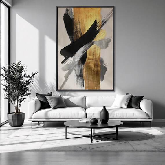 Golden Accent Framed Print Black And Gray Brushstroke Luxury Art Sophisticated Painting Print Minimalism Decor Ready To Hang