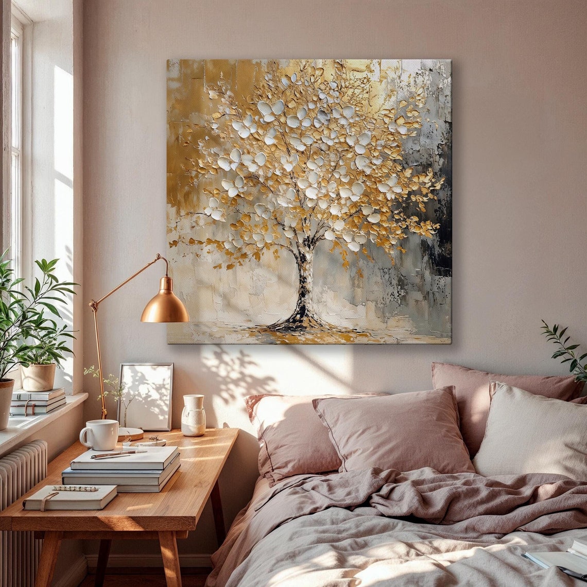 Gold White Blossom Tree Impasto Abstract Golden Branches Square Poster