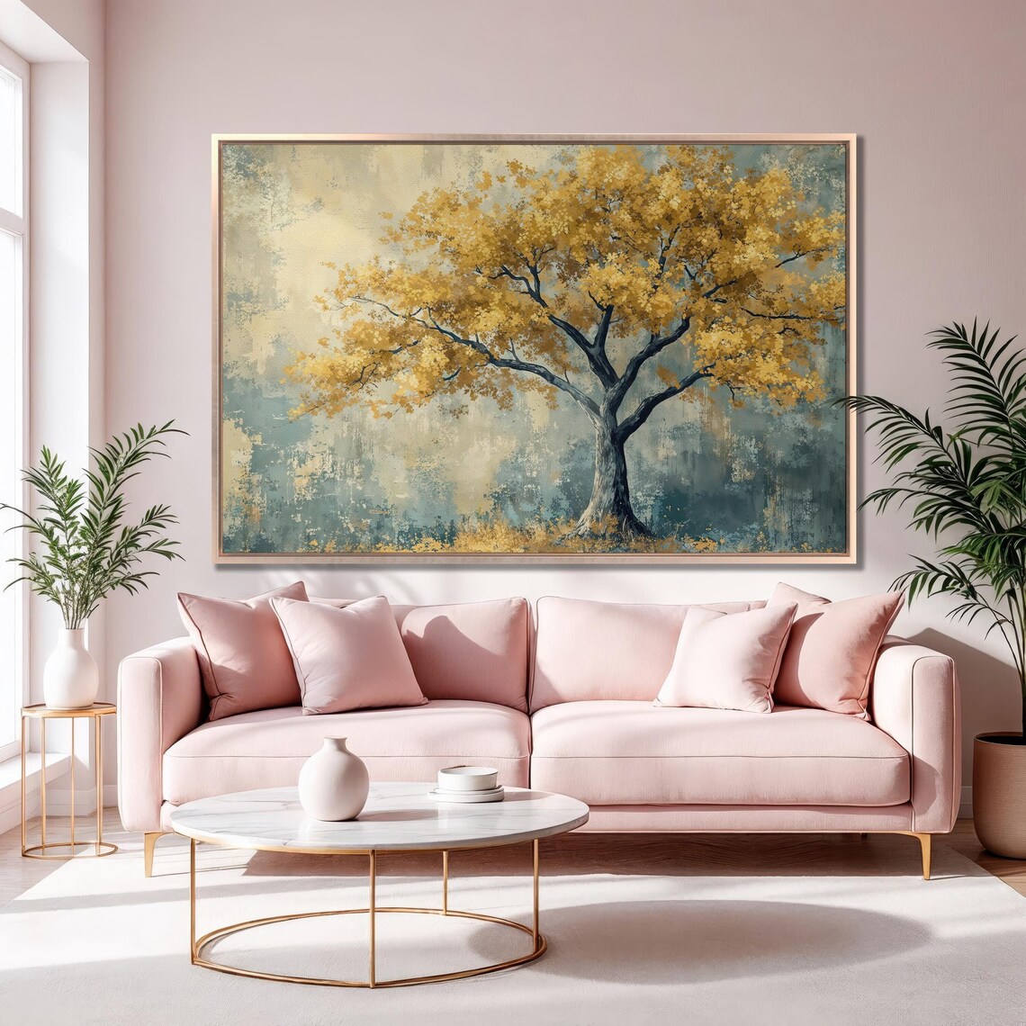 Golden Autumn Tree In Misty Teal Landscape Dreamy Nature Poster