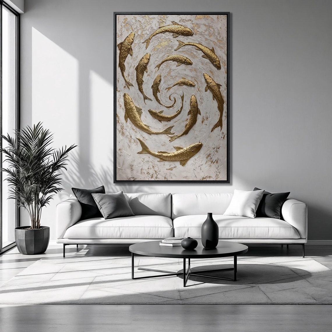 Spiraling Golden Koi Fish Metallic Texture Beige Zen Art Print Poster