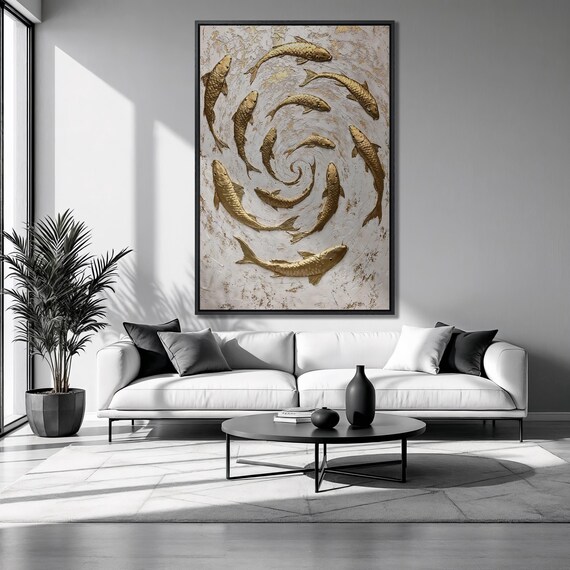 Spiraling Golden Koi Fish Metallic Texture Beige Zen Art Print Poster