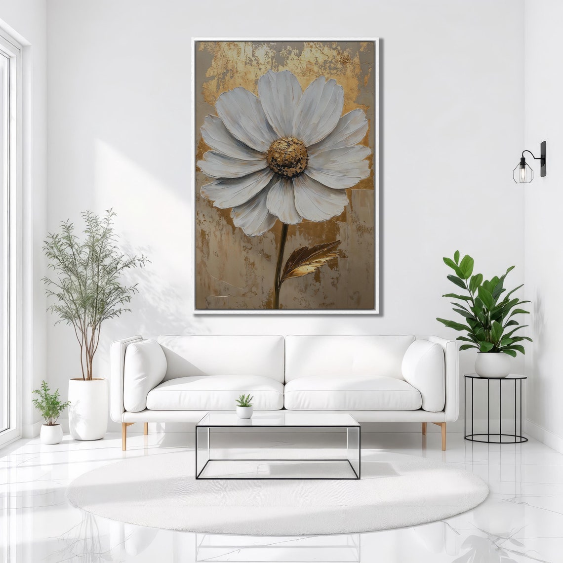 Giant White Daisy Gold Center Aged Metallic Background Wall Art