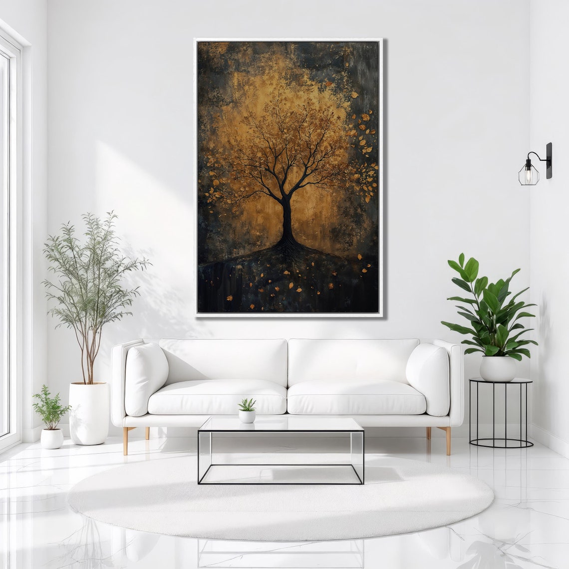 Dark Autumn Tree Golden Falling Leaves Black Background Art Poster