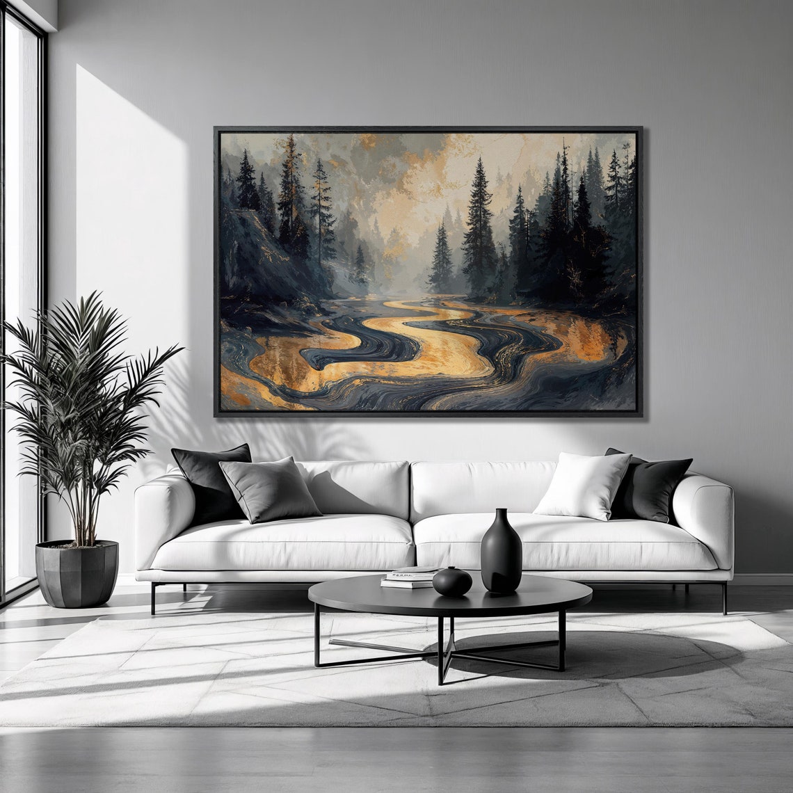Misty Pine Forest With Golden River Winding Moody Landscape Wall Art