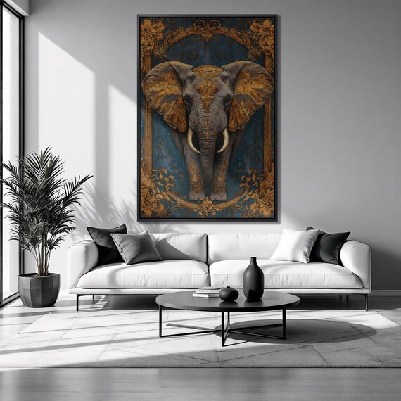 Majestic Elephant Gold Ornate Blue Regal Wildlife Luxury Art Poster