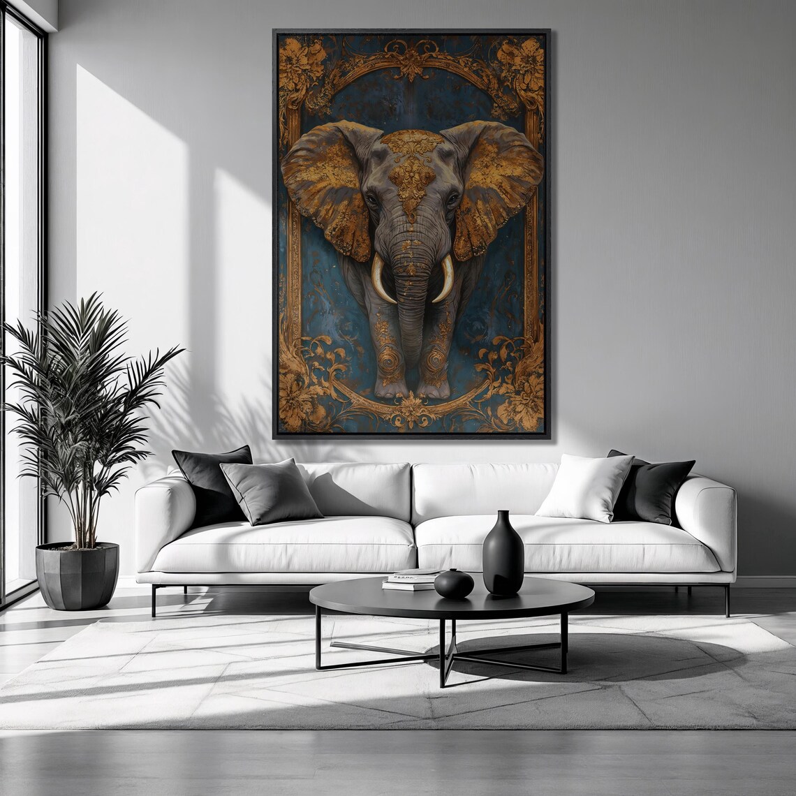 Majestic Elephant Gold Ornate Blue Regal Wildlife Luxury Art Poster
