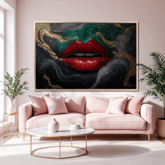 Bold Red Lips Emerald Gold Marble Abstract Glamour Art Poster