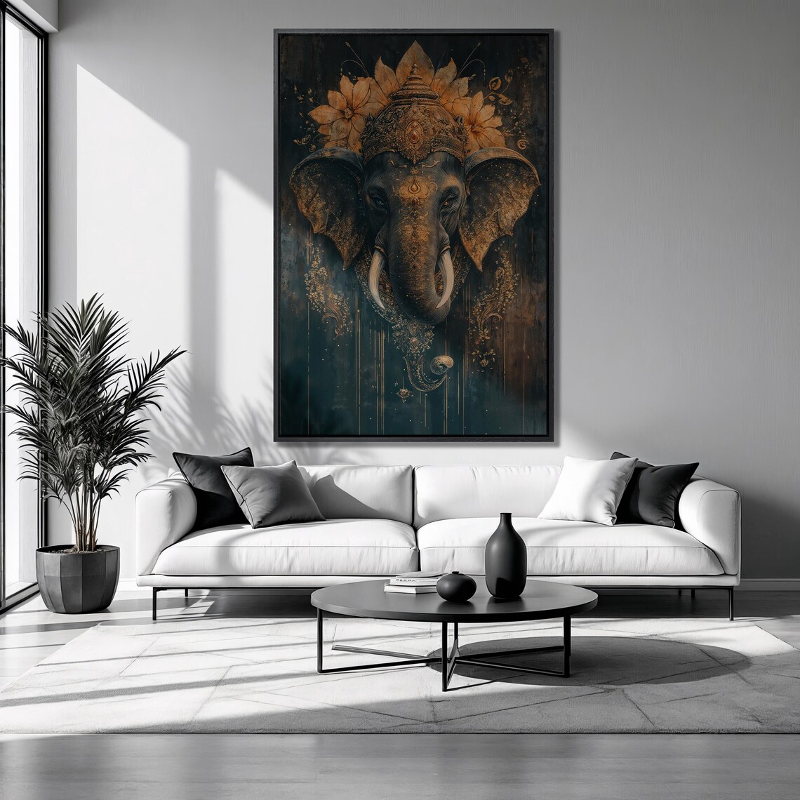 Crowned Lord Ganesha Golden Indian Deity Floral Halo Spiritual Wall Poster
