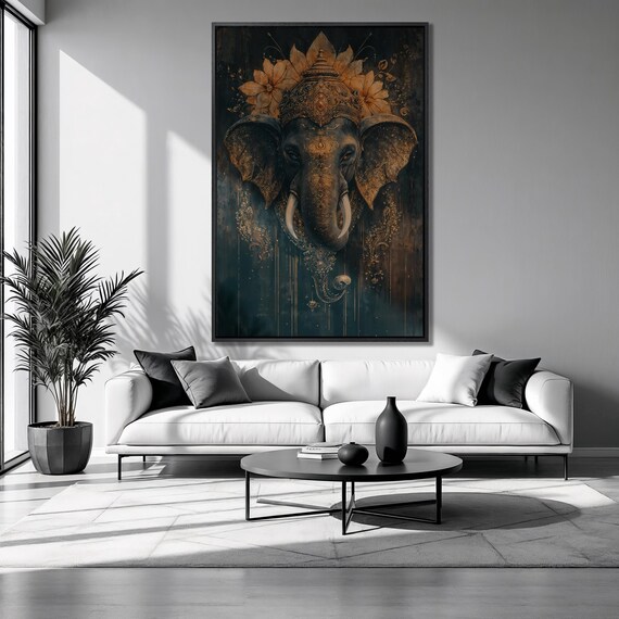 Crowned Lord Ganesha Golden Indian Deity Floral Halo Spiritual Wall Poster
