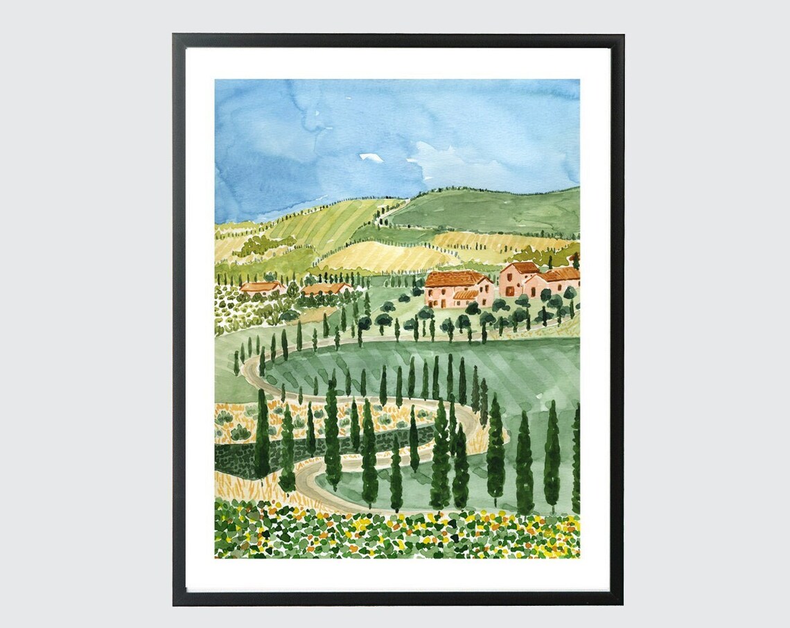 Tuscany Watercolor Travel Poster, Italy Countryside