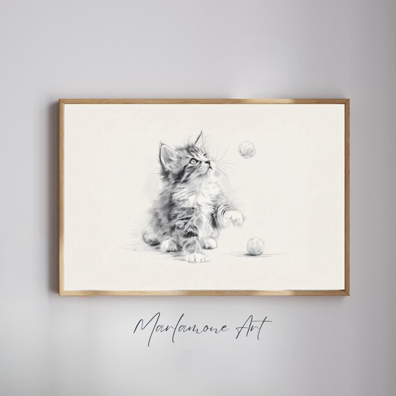 Curious Tabby Kitten Batting Yarn Pencil Sketch Nursery Poster