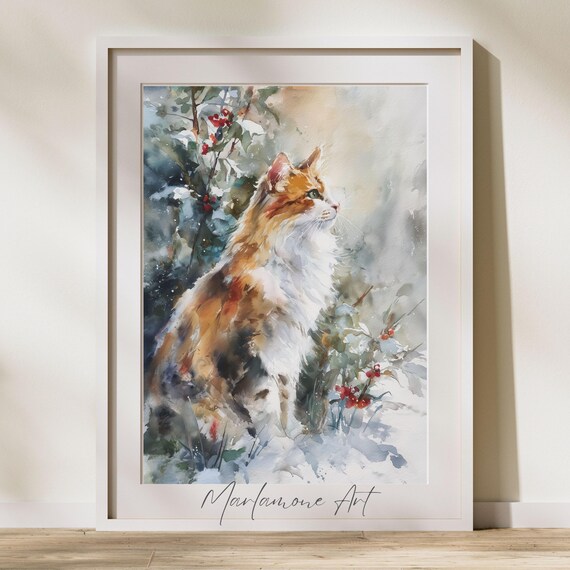 Longhair Ginger Cat Winter Snow Watercolor Wildlife Art Poster