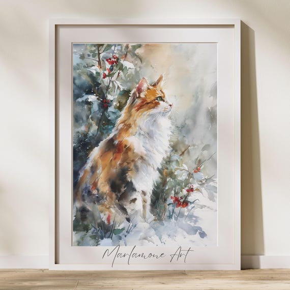 Tricolor Cat In Frosty Garden Illustration Watercolor Design