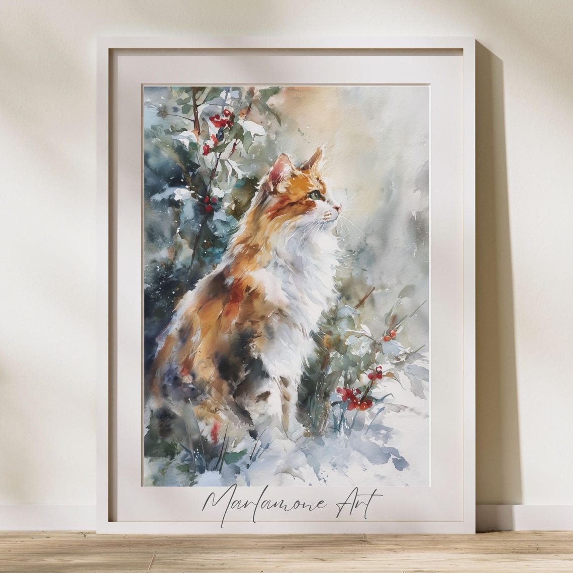 Longhair Ginger Cat Winter Snow Watercolor Wildlife Art Poster