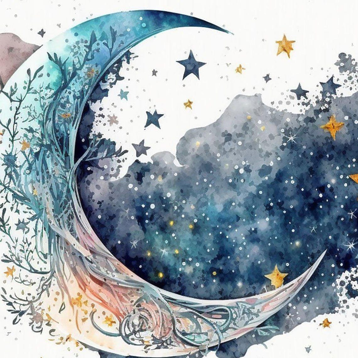 Watercolor Crescent Moon Starry Night Celestial Sky Wall Art - Image 2