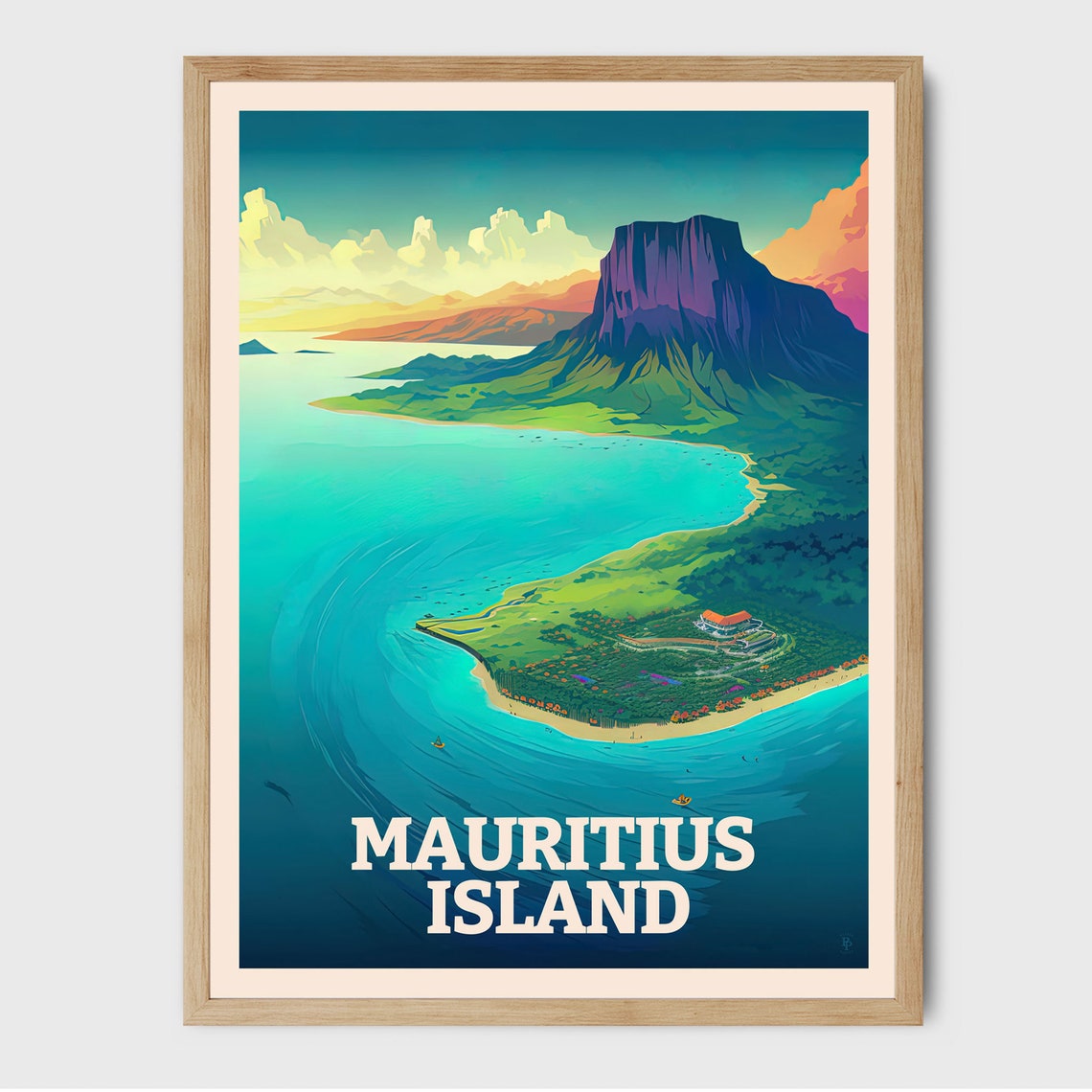 Mauritius Island Le Morne Aerial Turquoise Lagoon Beach Travel Poster