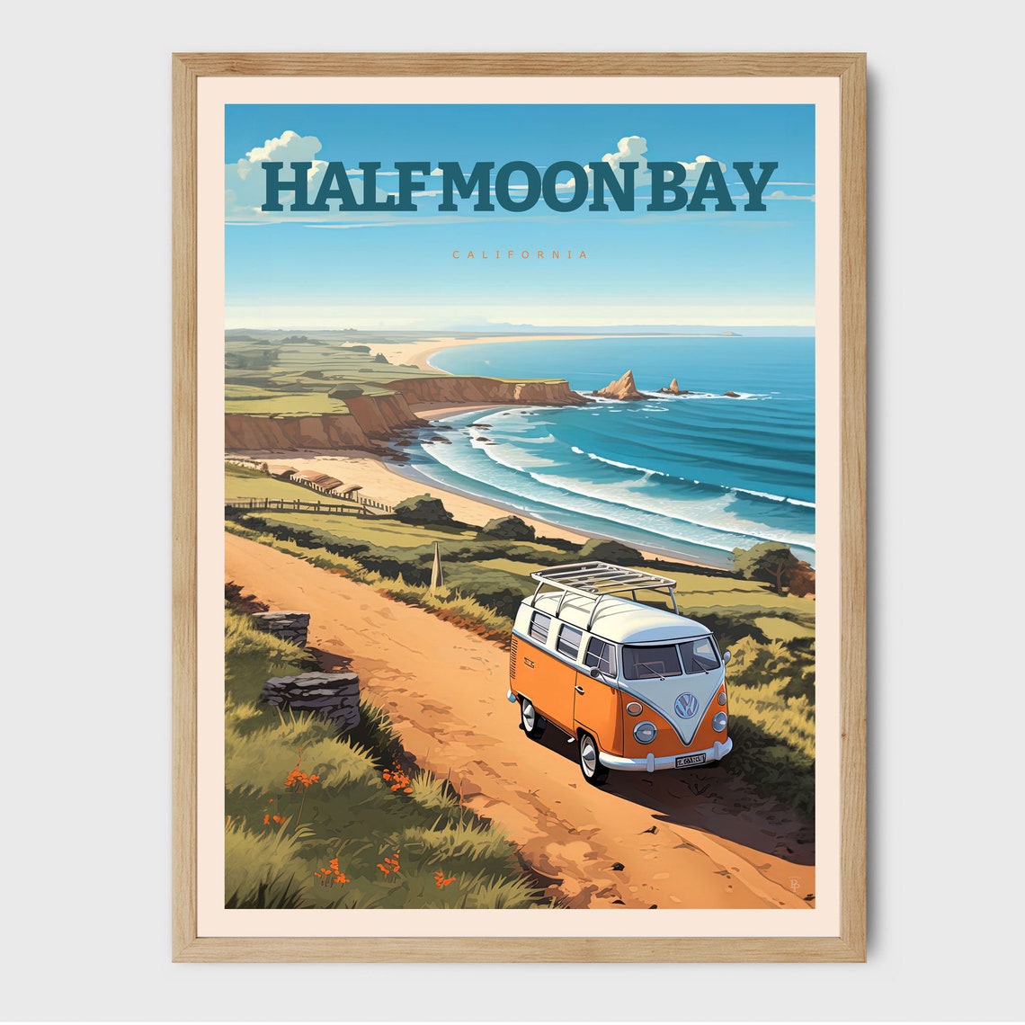 Half Moon Bay California Coast Classic Van Road Trip Travel Poster
