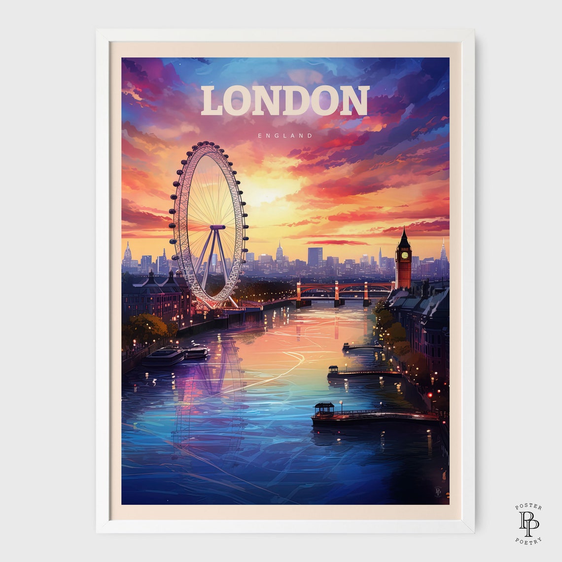 London England Sunset Thames River London Eye Big Ben Skyline Poster - Image 2