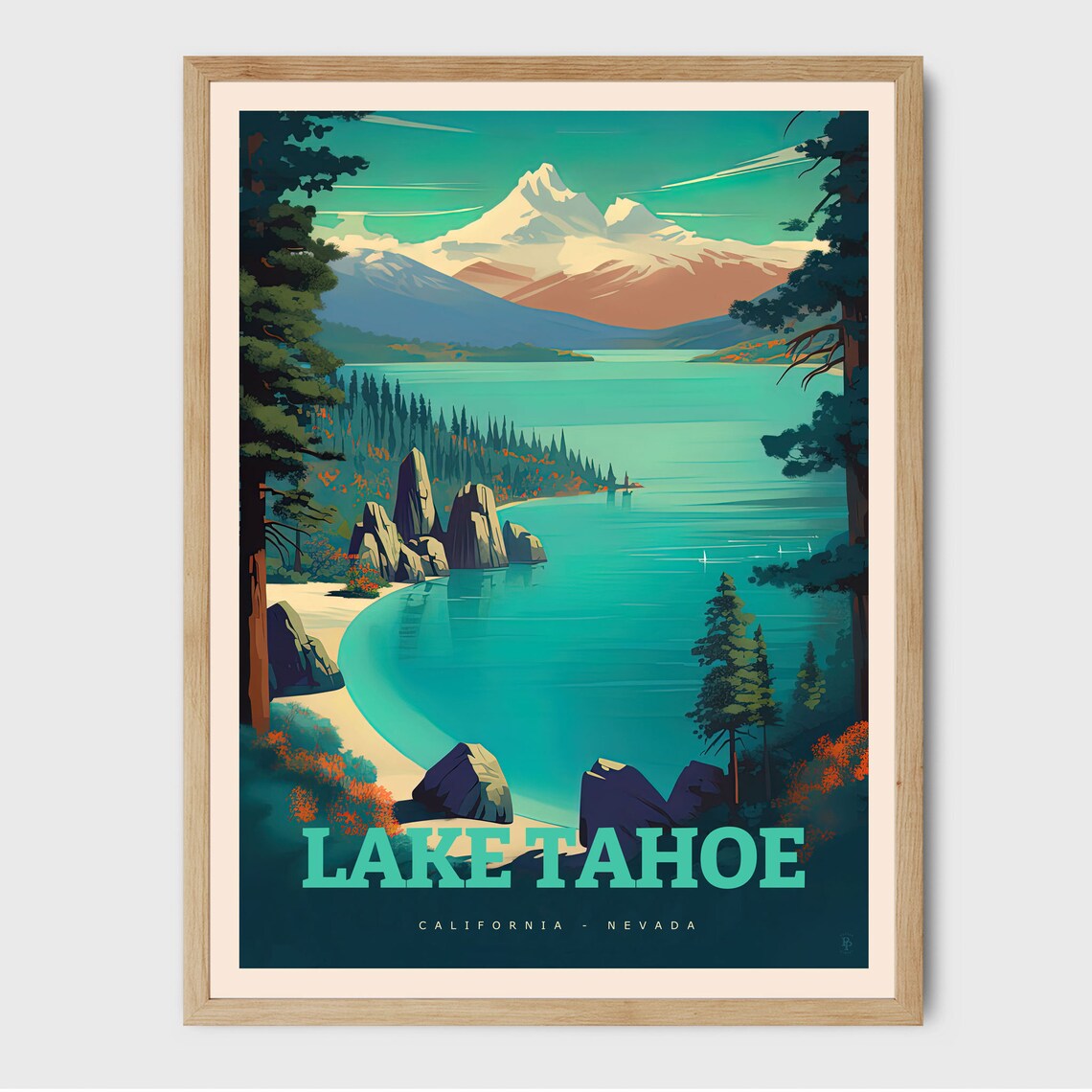 Lake Tahoe Travel Poster, Lake and Mountain View
