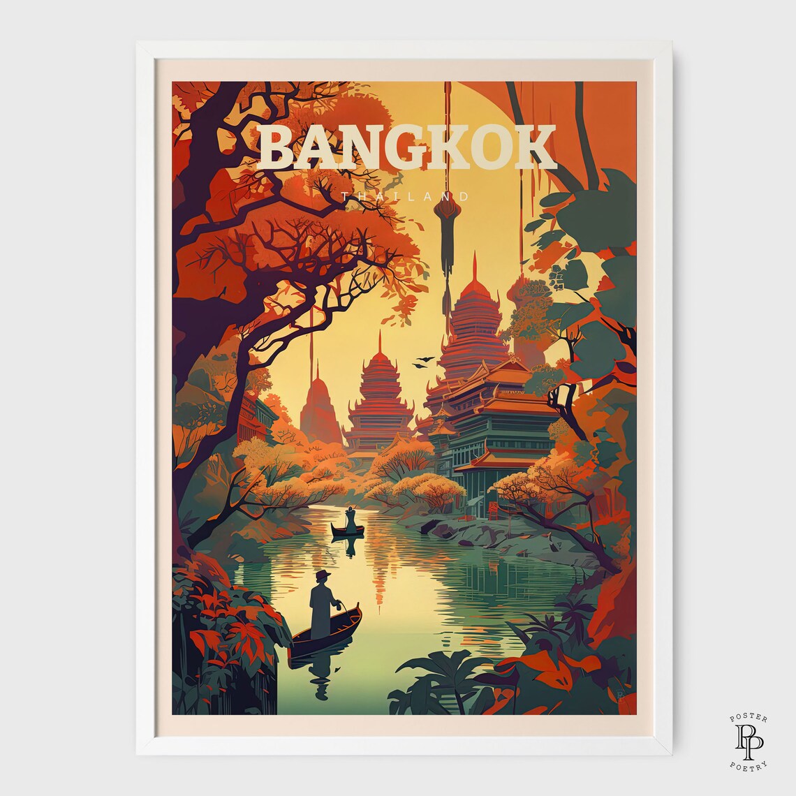 Bangkok Thailand Golden Sunset Temple River Boats Lantern View Poster - Image 2