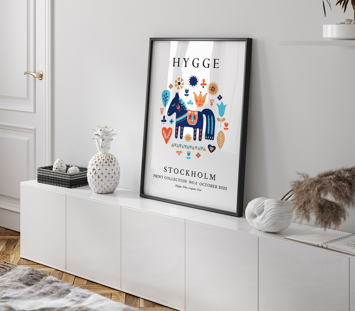 Hygge Stockholm Dala Horse Scandinavian Folk Art Colorful Poster - Image 3