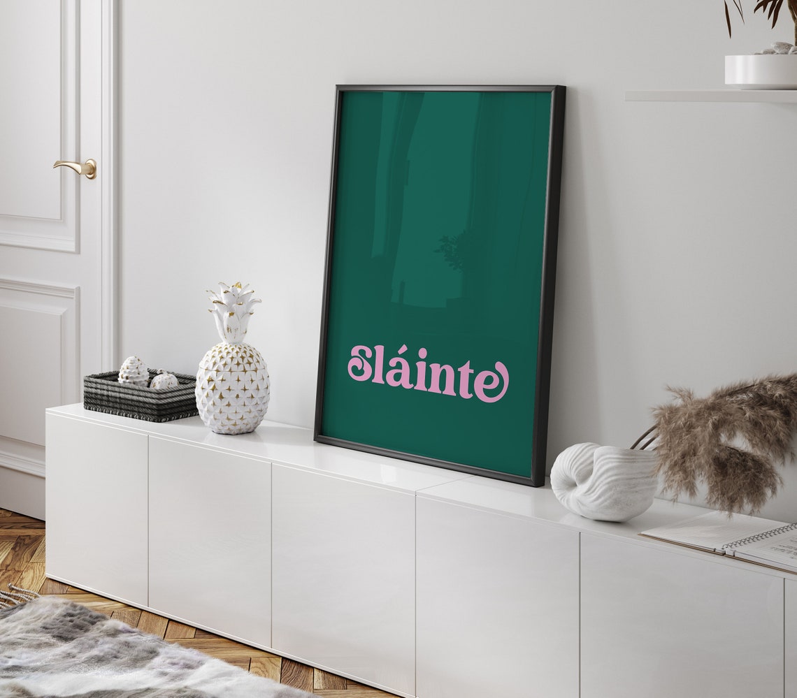 Slainte Irish Cheers Toast Pink Retro Typography Green Poster - Image 2