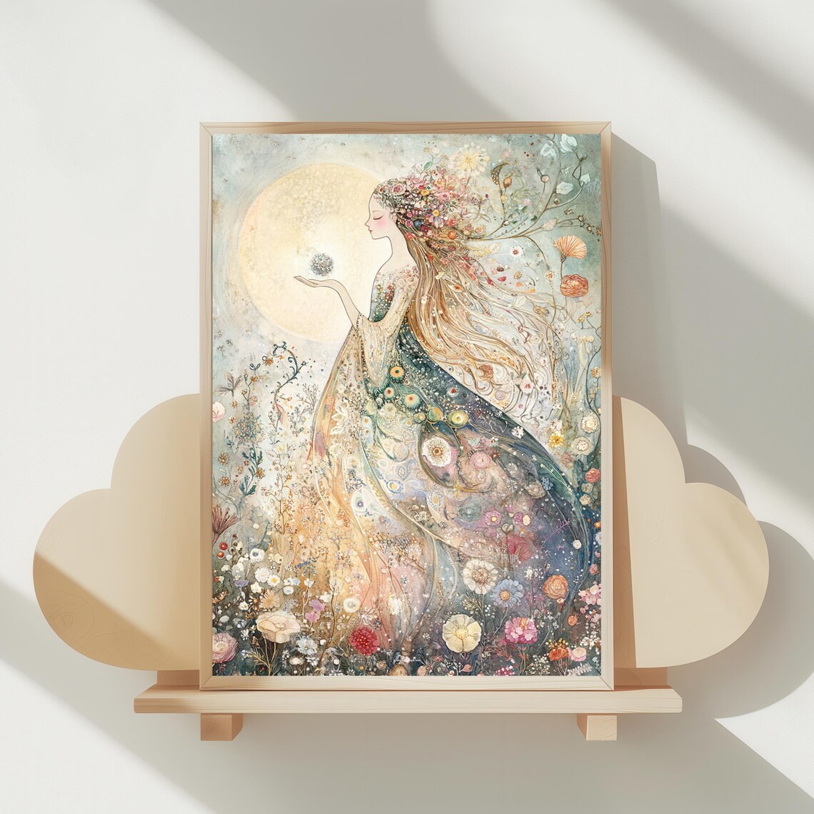 Moonlit Flower Goddess with Flowing Floral Hair Fantasy Poster