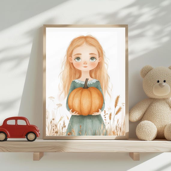 Whimsical Autumn Girl With Pumpkin Cozy Fall Art