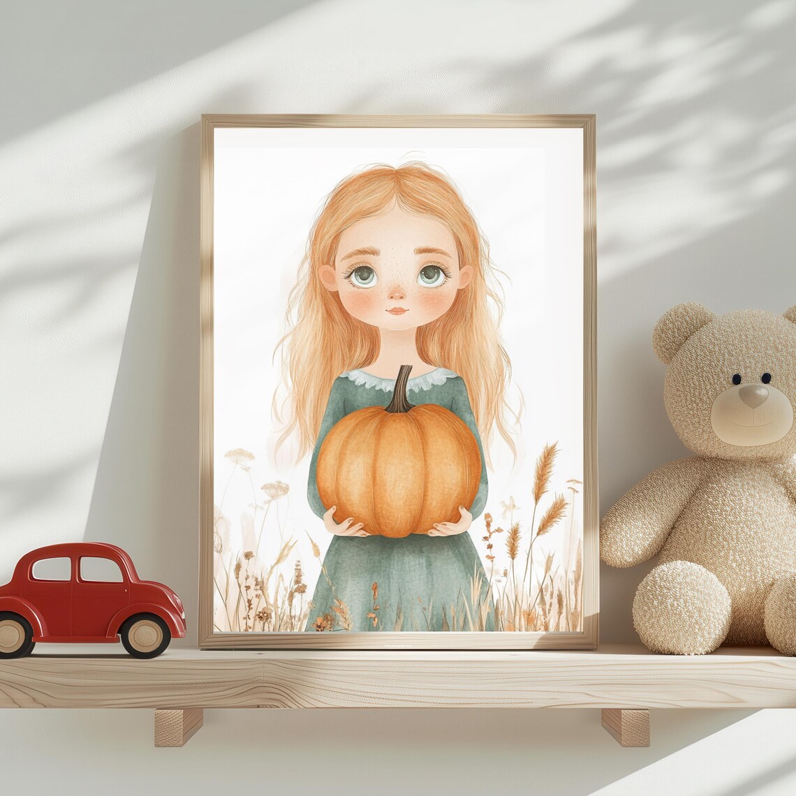 Autumn Girl Pumpkin Watercolor Poster Cozy Fall Kids Room Wall Decor