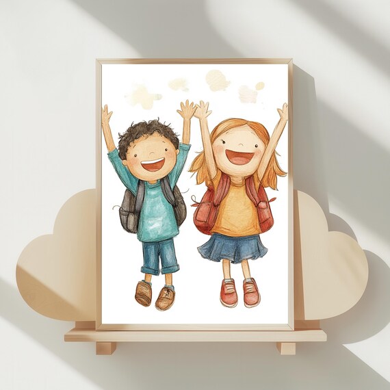 Happy School Kids Jumping with Joy Watercolor Nursery Poster