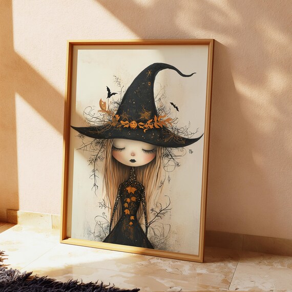Cute Whimsical Witch Wall Art Halloween Spooky Fun Illustration For Kids Room Or Playroom