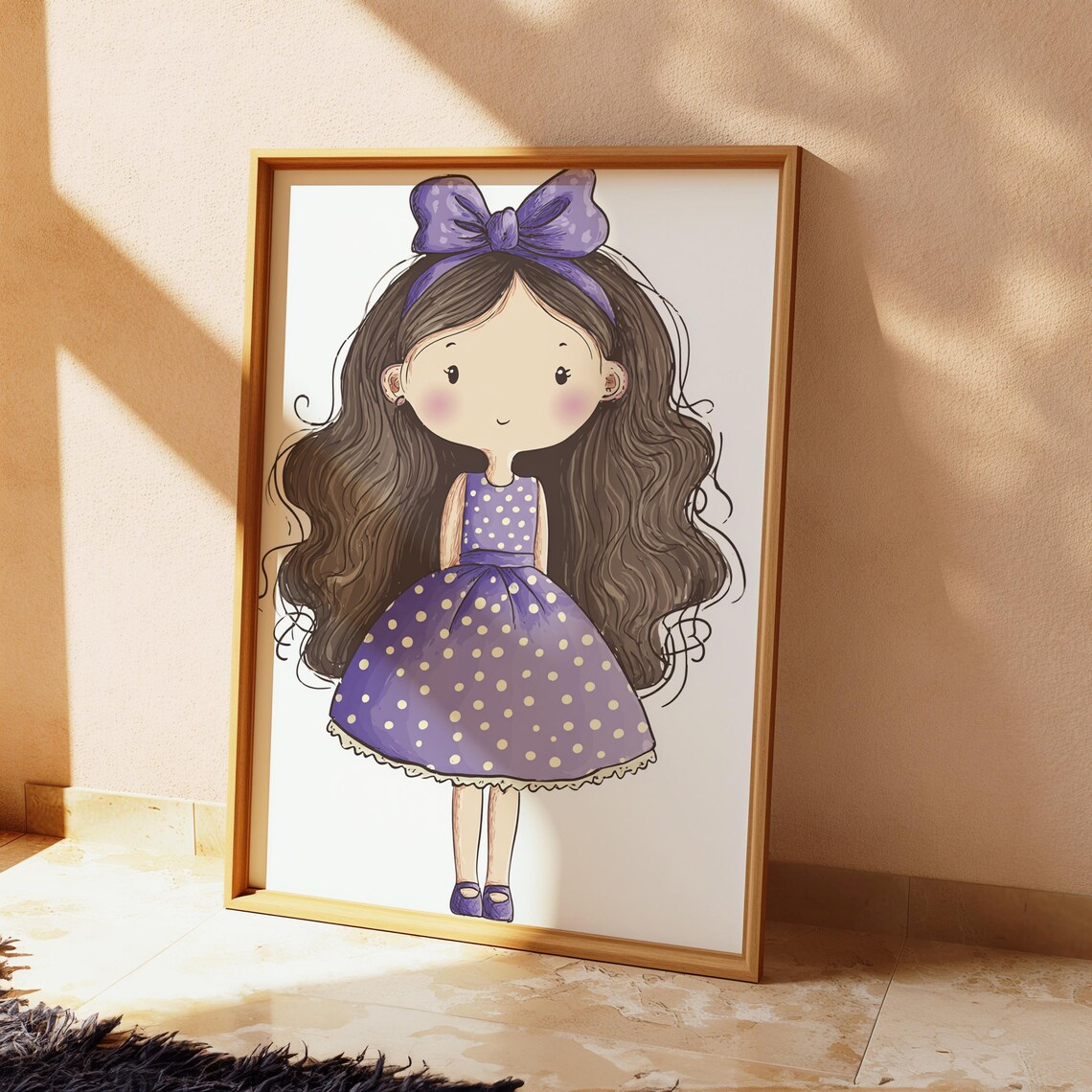 Girl in Purple Polka Dot Dress With Big Bow Girls Nursery Print