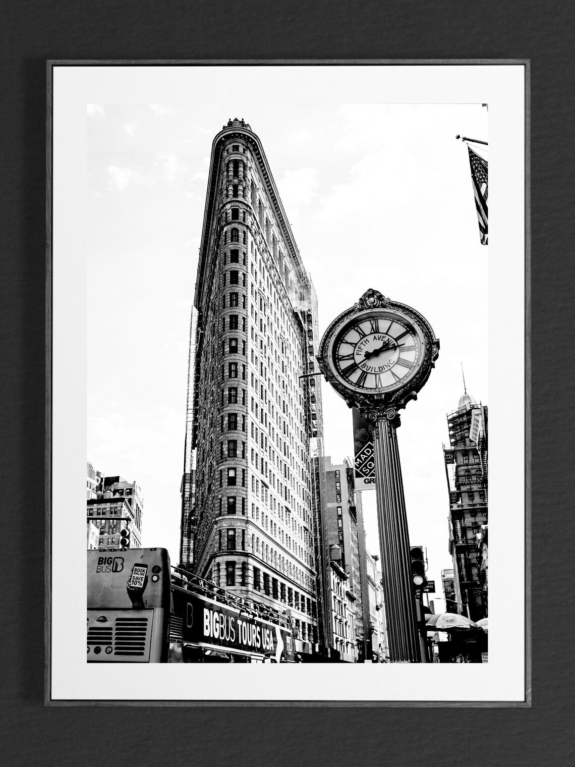 Flatiron Building Fifth Avenue Clock Black And White NYC Poster - Image 5