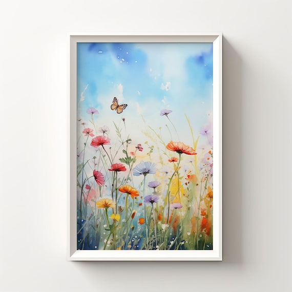 Wildflower Meadow Watercolor with Butterfly and Blue Sky Poster