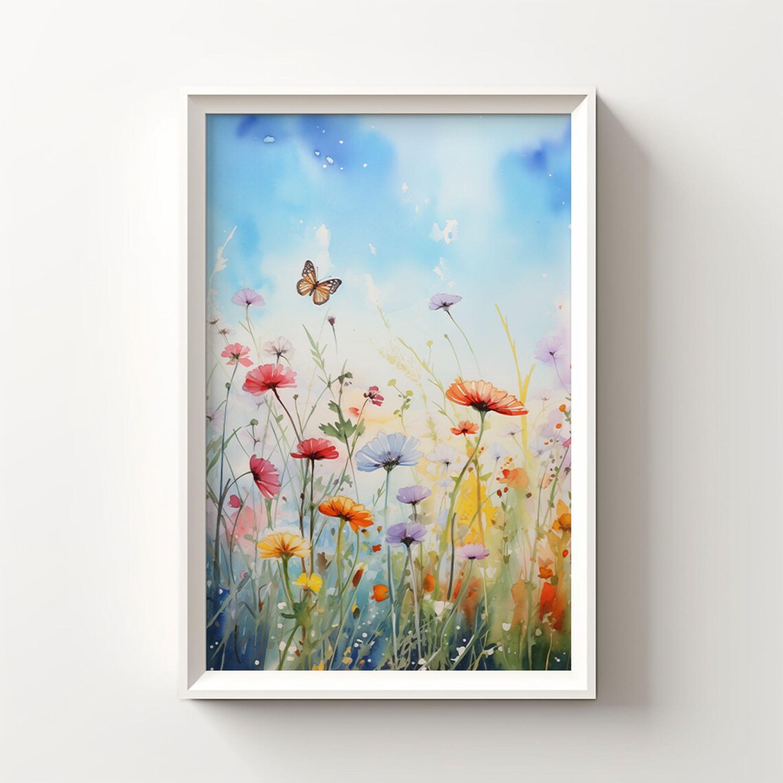 Wildflower Meadow Watercolor with Butterfly and Blue Sky Poster