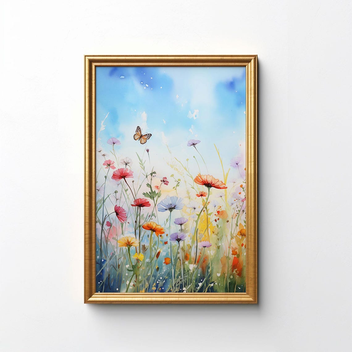 Colorful Watercolor Wildflower Meadow Butterfly Sky Wall Art