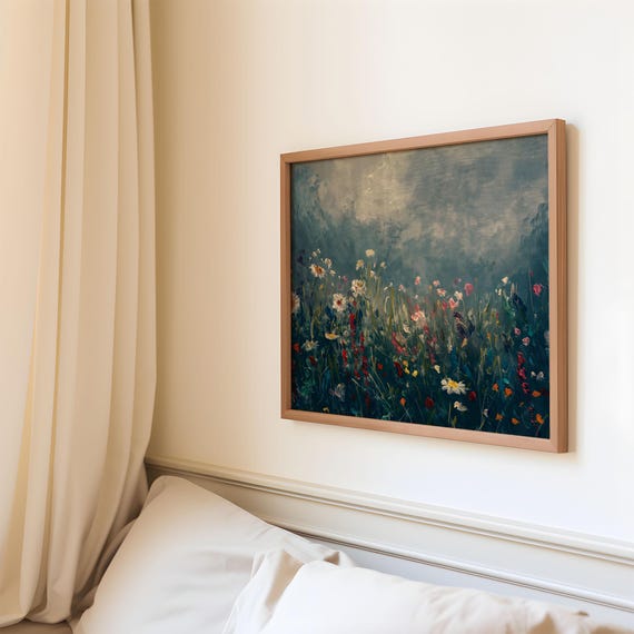 Dark Wildflower Field Painting Moody Wildflower Wall Art Wildflower Landscape Wall Art Dark Flower Art Floral Painting Poster 108