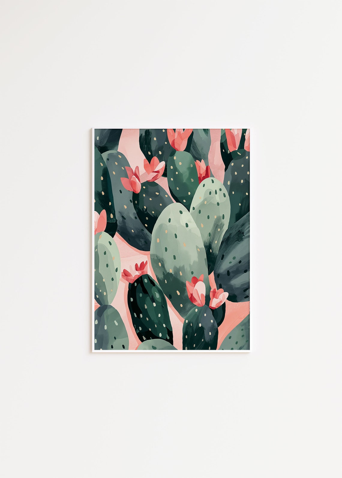 Prickly Pear Cactus Pink Blooms Botanical Gouache Southwest Print