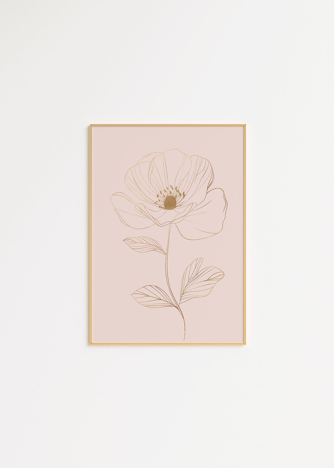 Gold Foil Peony Blossom Line Floral Blush Pink Elegant Poster Art