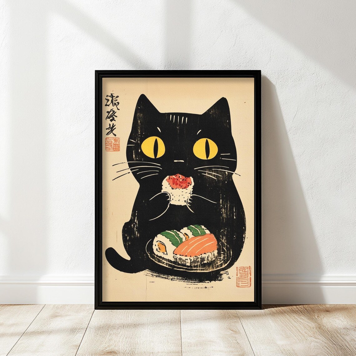 Vintage Cat Poster Funny Black Wall Art Kitchen Decor Japanese Inspired Unique Lover Gift Eating Sushi