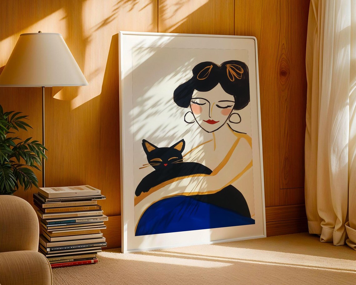 Elegant Dark Haired Woman Holding Black Cat Modern Portrait Poster - Image 3