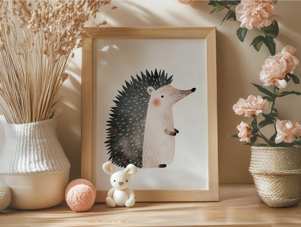 Cute Watercolor Hedgehog Standing Side Profile Nursery Poster - Image 6
